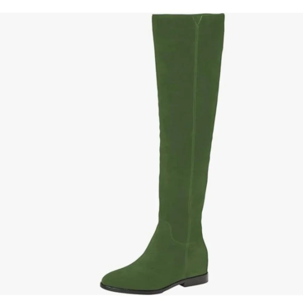 Green Women Almond Toe Knee High Boots with Partial Zipper Warm Long Boot